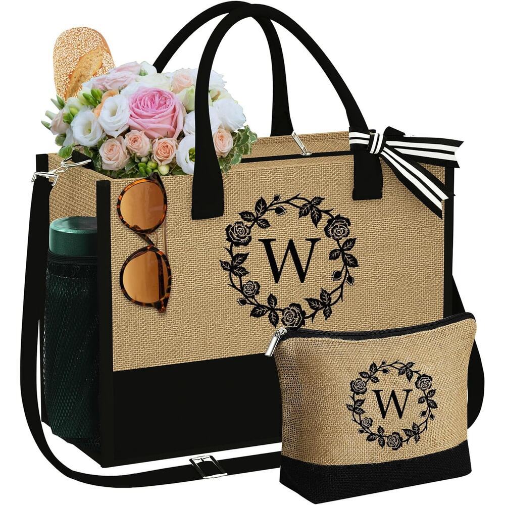 Jute Tote Bag Set - "W" Monogram, Chic, Eco-Friendly & Stylish Gift